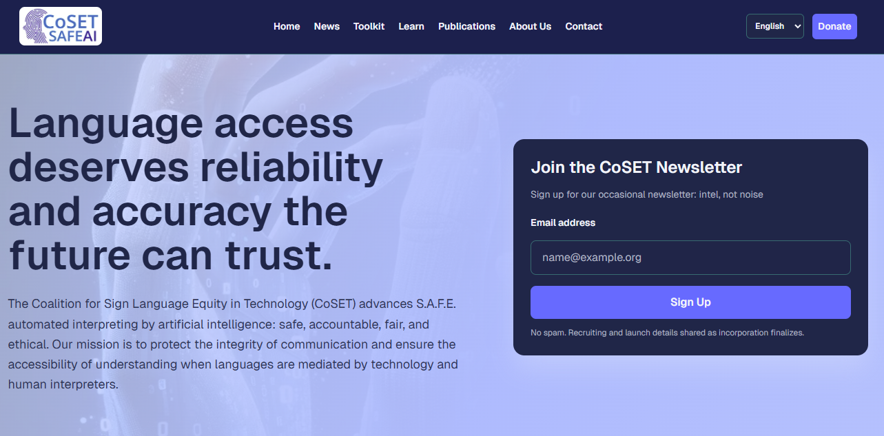CoSET website hero with "Language access deserves reliability and accuracy the future can trust."